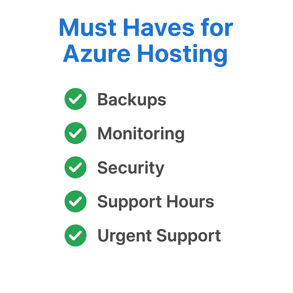 An infographic with a simple horizontal checklist titled 'Must-Haves for Azure Hosting.' The checklist items from top to bottom are: Backups, Monitoring, Security, Support Hours, Urgent Support, each with a checkmark beside it. The title is centered at the top, and the design is minimal.